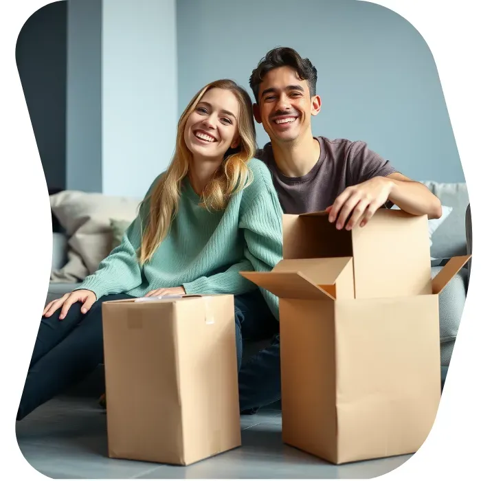 Two guys sitting on the floor of their apartment with Muval moving boxes