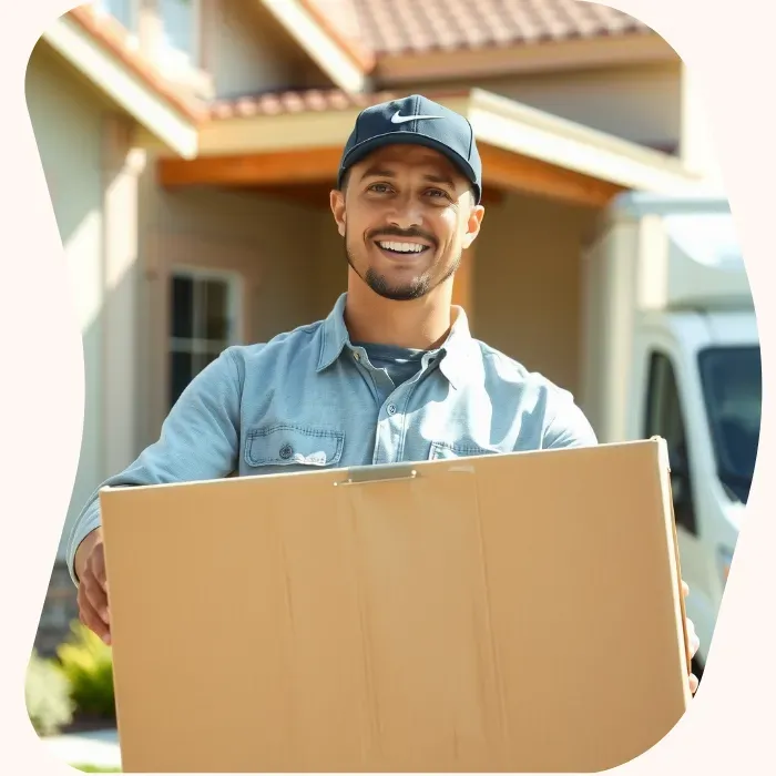 Two removalists moving boxes up stairs